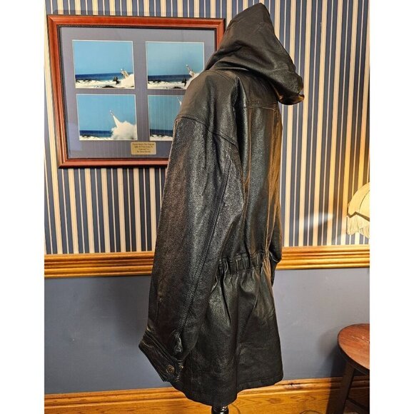 Vintage Comint Black Heavyweight Polyfill Hooded Leather Coat Drawstring Waist L - Picture 2 of 8